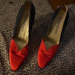 Yves Saint Laurent Red and Black Satin Heels